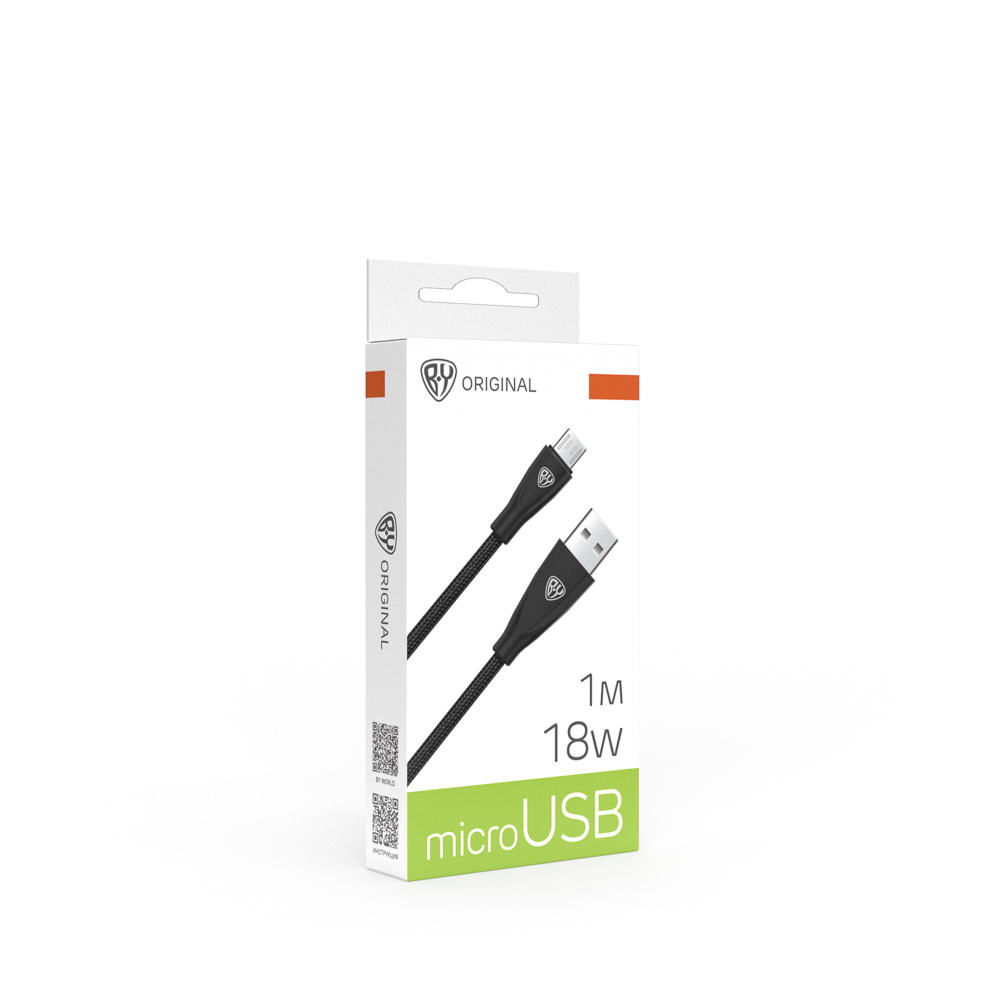 Кабель для зарядки USB(A)-microUSB BY Nylon Pro, 18Вт, 1 м, 3A, нейлон, черный