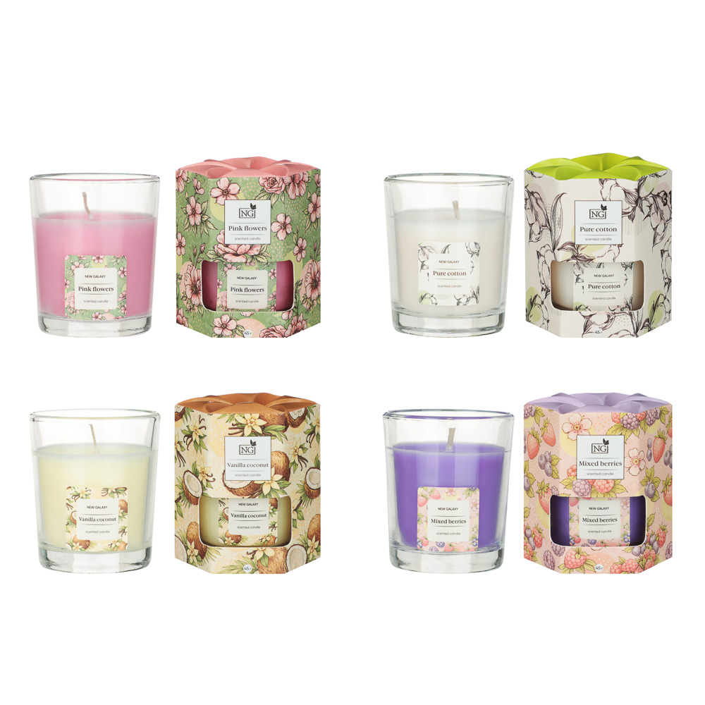Свеча ароматизированная тм NEW GALAXY 45г., pure cotton , vanilla coconut,mixed berries,Pink flowers