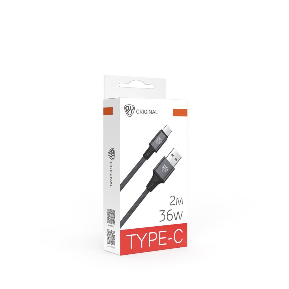Кабель для зарядки USB(A)-Type C BY Solid, 36Вт, 2 м, 3A, нейлон, мет. кон., графитовый