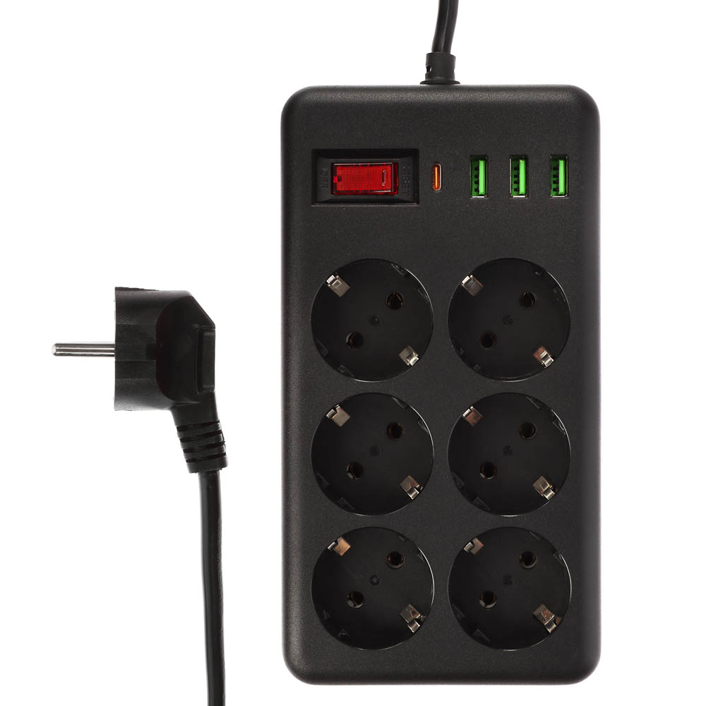 Удлинитель, сетевой фильтр 6 гнезд 3м BY Black, 3*USB, 1*type-C,выкл., 2500Вт,чёрный